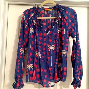 Oliphant blue pink and white print blouse with tassels